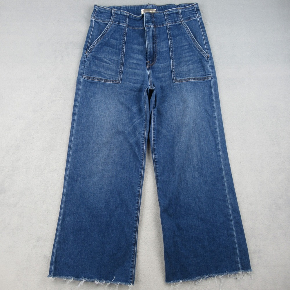 KUT from the Kloth Meg Wide Leg Womens 8 Blue High Rise Raw Hem Patch Jeans